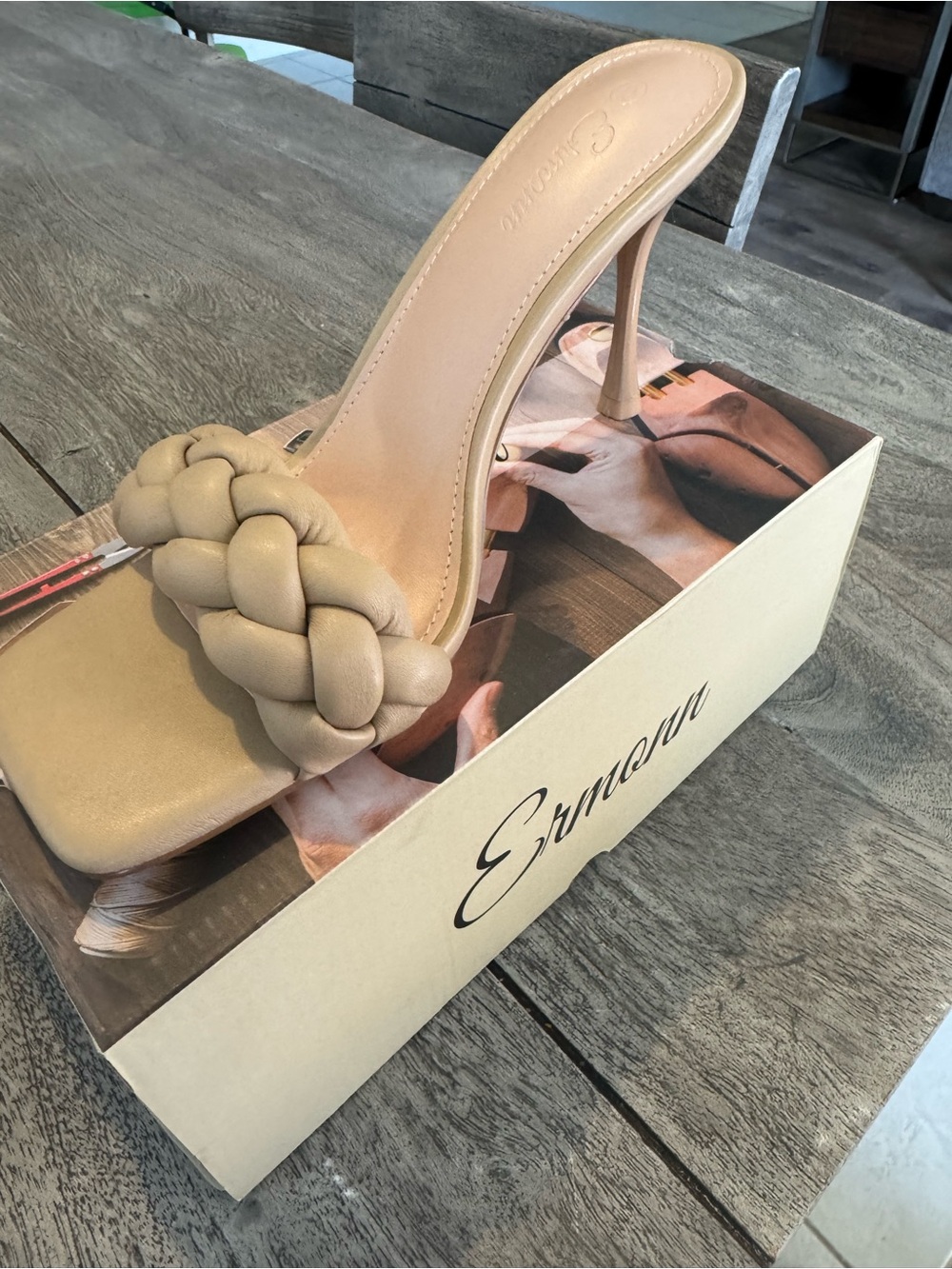Beige Braided Strap High Heel Mule